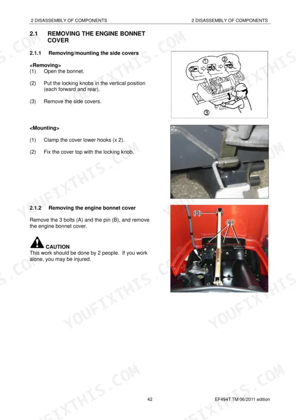 Yanmar EF-494T engine bonnet cover removal and side cover mounting procedure with diagrams and component photos.