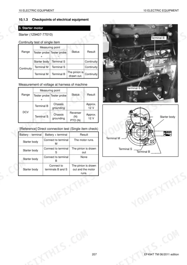 Yanmar EF-494T starter motor electrical testing procedures, continuity tables, voltage measurements, and component diagrams.