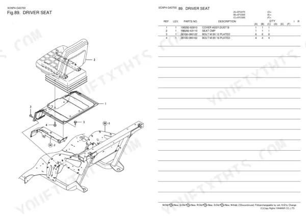 Yanmar EF227E, EF230E, EF233E exploded view diagram and parts list for the driver seat assembly components.