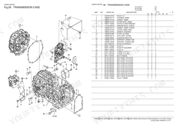 Yanmar EF227E, EF230E, EF233E transmission case exploded view diagram and parts list with reference numbers.