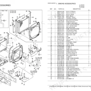 Yanmar EF227E, EF230E, EF233E engine accessories exploded view diagram and parts list for radiator and cooling system.