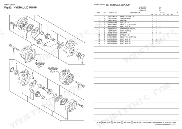 Yanmar EF227E, EF230E, EF233E hydraulic pump exploded view diagram and parts list with reference numbers and descriptions.