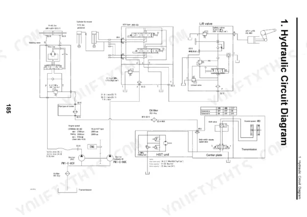 Yanmar EF227H/230H/233H/235H hydraulic circuit diagram showing steering, lift valve, SCV, HST unit, and transmission.