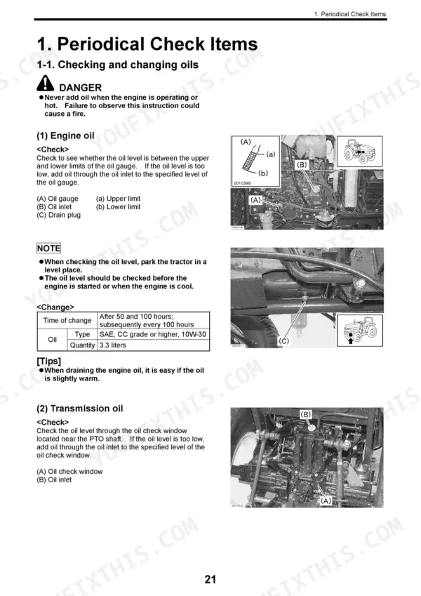 Yanmar EF227H/230H/233H/235H engine and transmission oil check and change procedure with component diagrams.