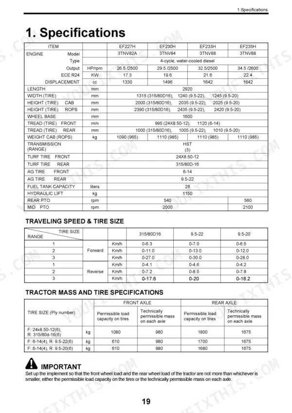 Yanmar EF227H/230H/233H/235H tractor specifications table, traveling speed, tire size, and axle mass load capacity data.