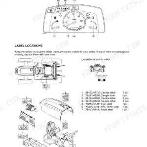 Yanmar EF312T, EF352T instrument cluster lamps, indicators, and safety label locations diagram with parts list.