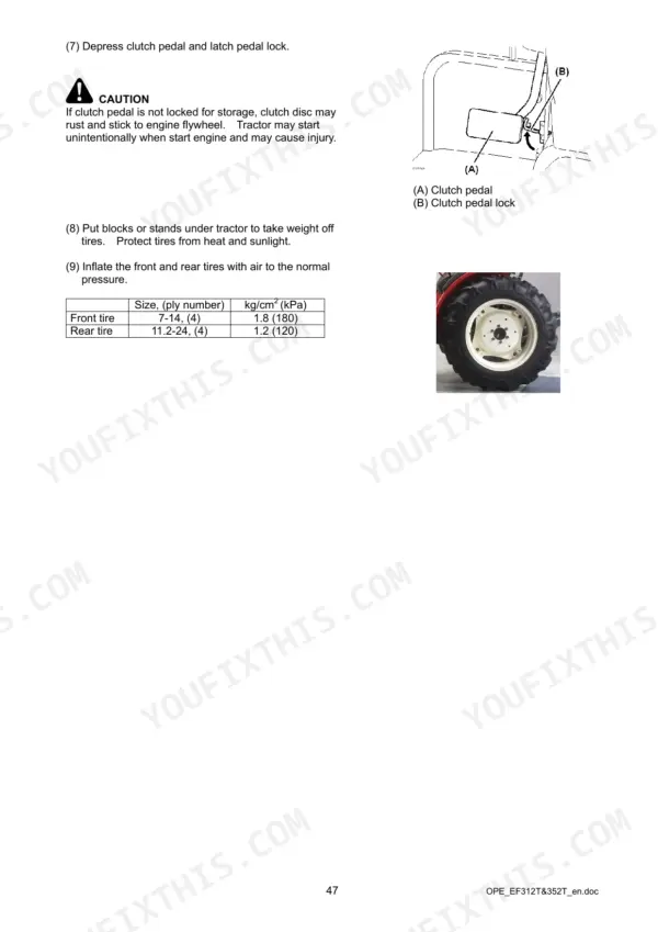 Yanmar EF312T, EF352T clutch pedal locking procedure, storage instructions, and tire pressure specification table.