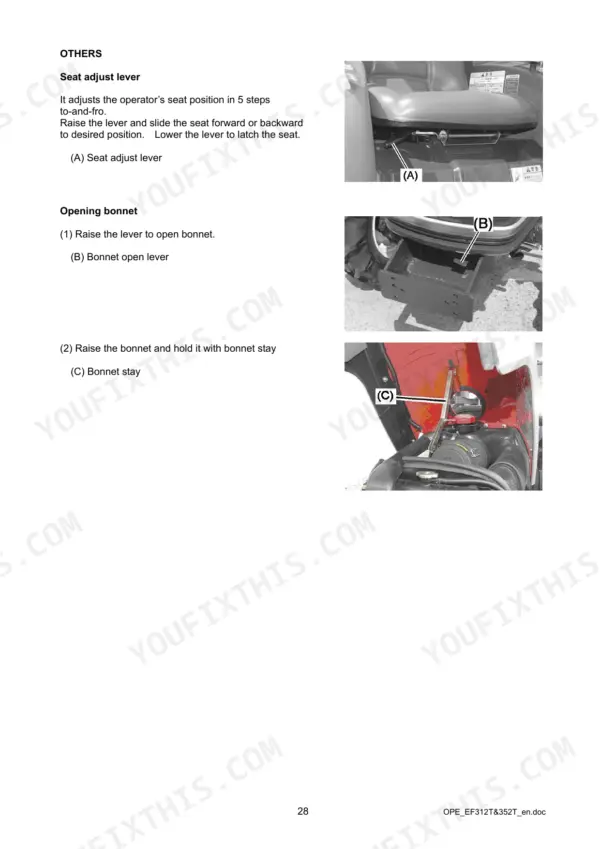Yanmar EF312T, EF352T operator manual: seat adjustment lever and bonnet opening procedure with component diagrams.