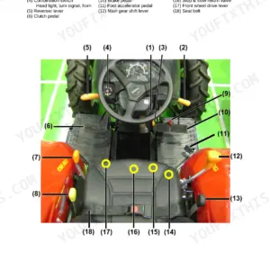 Yanmar EF393T tractor operator controls diagram identifying levers, pedals, and switches from the driver seat view.