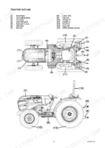 yanmar-ef393t-diesel-tractor-operator-manual-0a041-enxxxx-exploded-view-23.webp Yanmar EF393T tractor outline diagram showing component labels for lights, fenders, tires, ROPS, and fuel refill port.