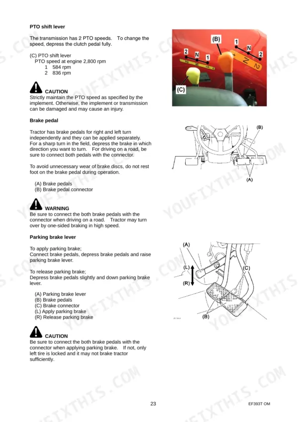 Yanmar EF393T operator manual page showing PTO shift lever, brake pedal operation, and parking brake lever engagement diagrams.