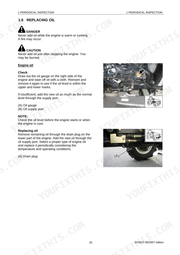 Yanmar EF453T engine oil replacement procedure showing oil gauge, supply port, and drain plug locations.