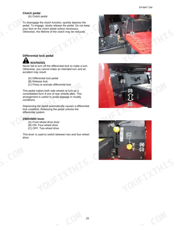 Yanmar EF494T operator manual showing clutch pedal, differential lock pedal, and 2WD/4WD lever operation instructions.