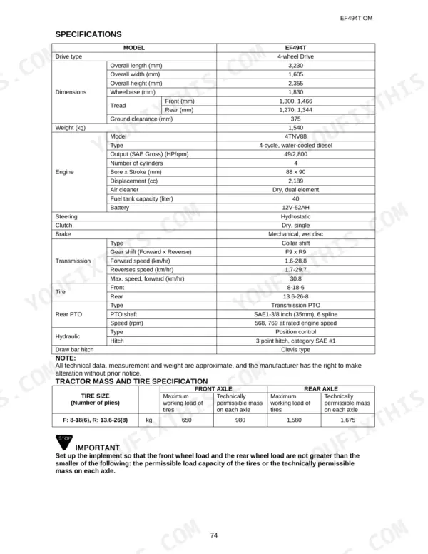 Yanmar EF494T tractor technical specifications table including engine, transmission, dimensions, and tire load data.