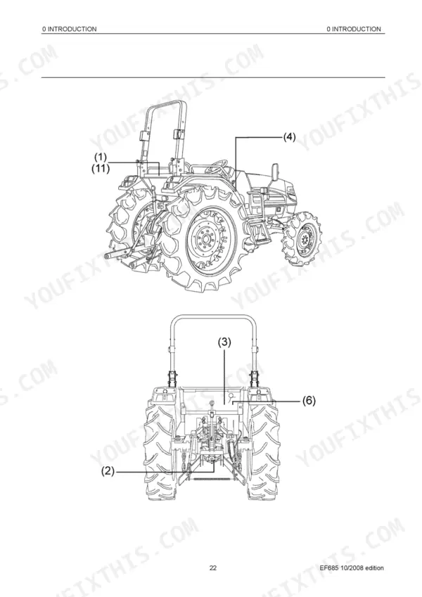 Yanmar EF685 tractor diagram showing rear linkage, ROPS, and external component identification points.