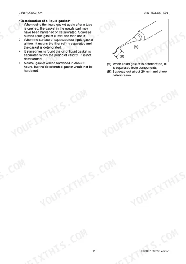 Yanmar EF685 manual page showing procedures for checking liquid gasket deterioration and nozzle application.