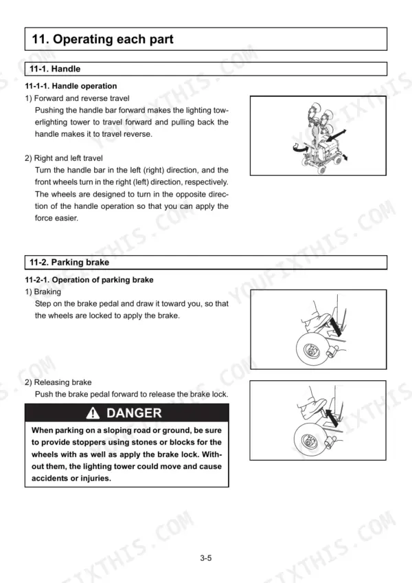Yanmar ELB manual page showing handle steering and parking brake procedures.