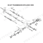 Yanmar Ke-20T transmission exploded view showing input, main, counter, PTO drive shafts, and differential gear case.