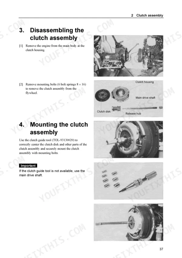 Yanmar Ke-20T clutch assembly disassembly and mounting procedures showing clutch disk, housing, and guide tool usage.