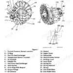 Yanmar KMH60A component identification diagram showing marine gear parts, sensors, and relief valve.