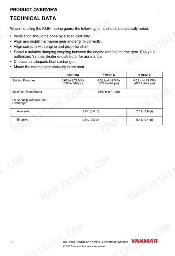 Yanmar KMH marine gear technical data table showing shifting pressure, input speed, and oil capacity specs.