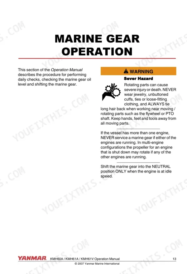 Yanmar KMH60A marine gear operation manual page covering safety warnings and gear shifting procedures.
