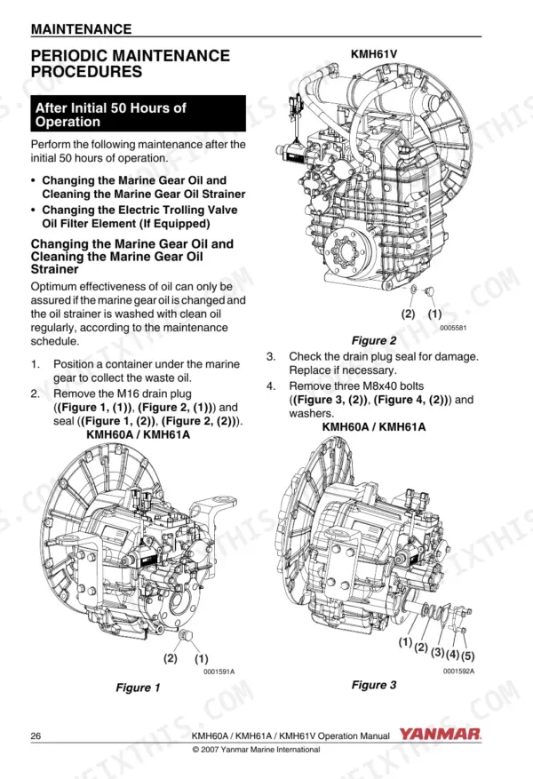 Yanmar KMH marine gear periodic maintenance procedures for changing gear oil and cleaning the oil strainer.