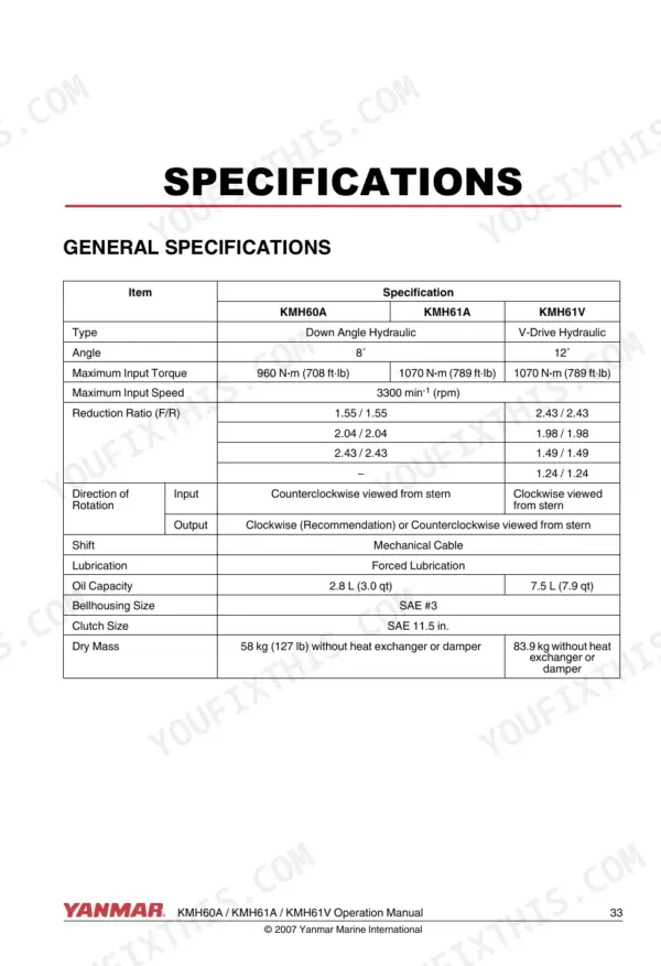 Yanmar KMH marine gear general specifications table including torque, reduction ratios, and oil capacity.