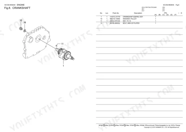 Yanmar L100V, YANMAR L100V, L100V1NJ1F2CAAN crankshaft exploded view parts diagram with washer, key, and bolt list.