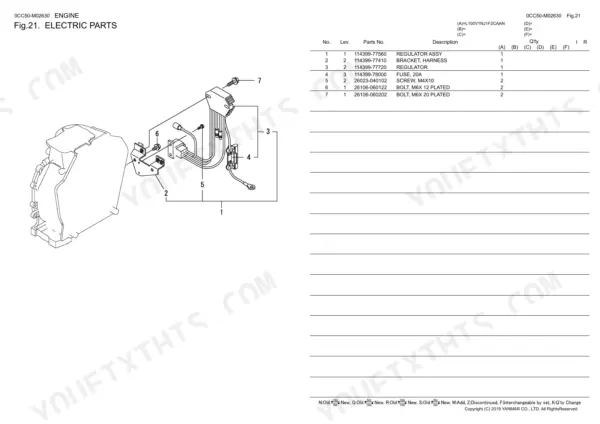 Yanmar L100V, YANMAR L100V, L100V1NJ1F2CAAN exploded view of electric parts, regulator assembly, and fuse components.