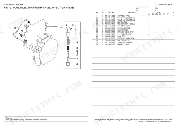Yanmar L100V, YANMAR L100V, L100V1NJ1F2CAAN exploded view of fuel injection pump and valve parts list.