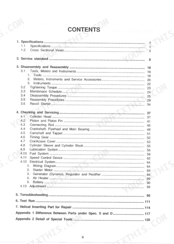 Yanmar L40-L100 LA Series, L40AE, L48AE, L60AE, L70AE, L75AE, L90AE, L100AE, LA SERIES service manual table of contents.