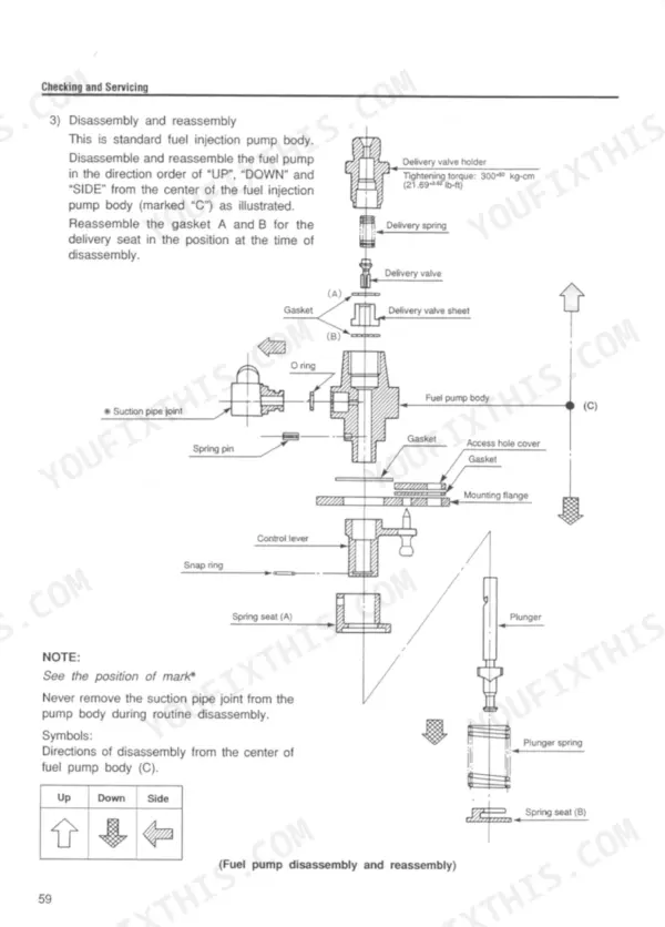 Yanmar L40-L100 LA Series, L40AE, L48AE, L60AE, L70AE, L75AE, L90AE, L100AE, LA SERIES exploded view of fuel injection pump body.