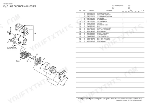 Yanmar L70N5AJ8T2AAWK exploded view of air cleaner and muffler assembly with parts list table.