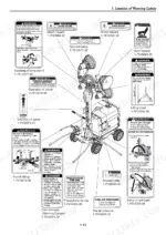 yanmar-lb446h-floodlight-projector-operation-manual-no-1-9900300-00-exploded-view-22.webp Yanmar LB446H light tower diagram showing locations of safety warning labels, hazard decals, and operating instructions.
