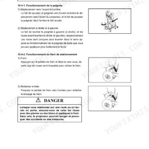 Yanmar LB446H, LFRLB446H0 operations manual showing handle steering and parking brake pedal procedures.