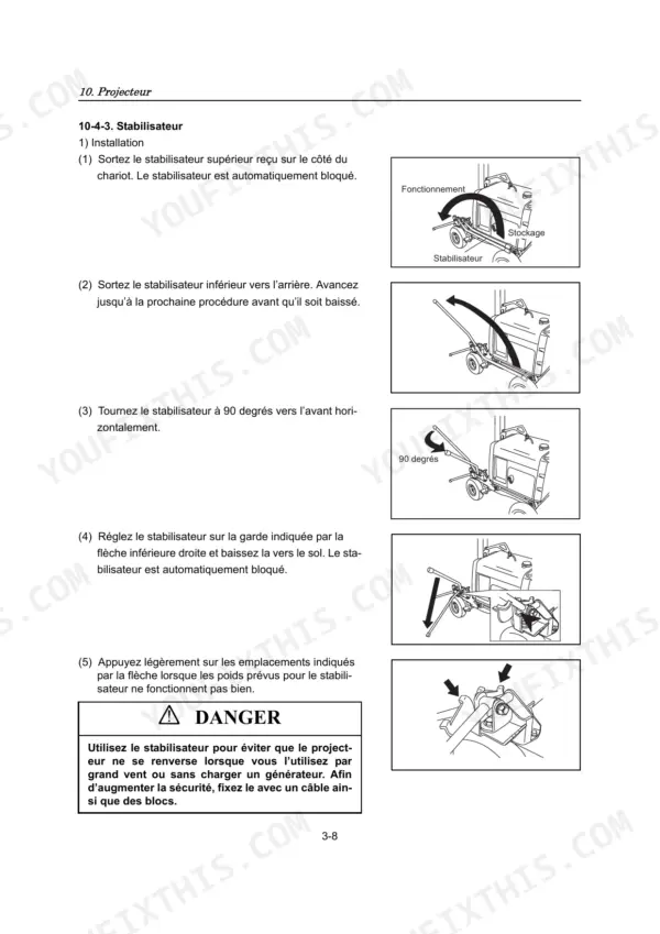 Yanmar LB446H, LFRLB446H0 manual page showing stabilizer installation and safety operation procedures with diagrams.