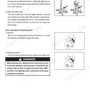 Yanmar LB446HB-1, LB446H-1 manual page showing handle steering operation and parking brake engagement procedures.