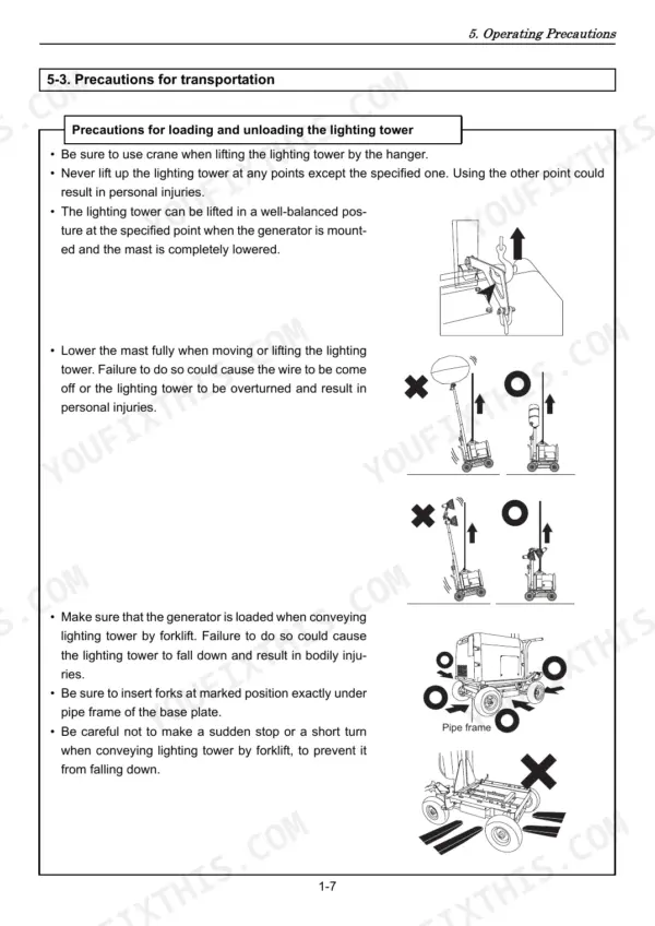Yanmar LB446HB-1, LB446H-1 lighting tower transportation and loading safety procedures and diagrams.