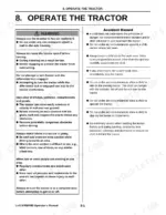 yanmar-lx410-lx450-lx490-compact-tractor-operator-manual-0a042-u00400-operations-60.webp Yanmar Lx410, Lx450, Lx490 operator manual page 8-1, safety warnings for tractor operation and accident hazards.