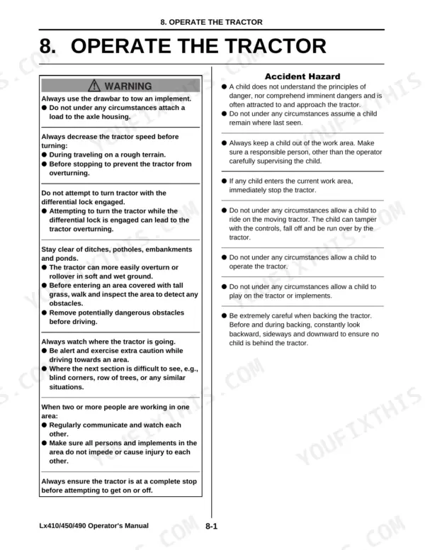 Yanmar Lx410, Lx450, Lx490 operator manual page 8-1, safety warnings for tractor operation and accident hazards.