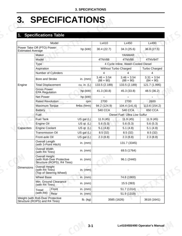 Yanmar Lx410, Lx450, Lx490 specifications table listing engine, capacity, and dimension data for tractor models.