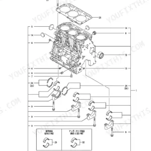 Yanmar 3TNV88-BPTB2 exploded view of cylinder block and main bearings.