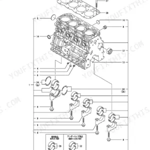 Yanmar 4TNV88-BPTB1, P-TB250EAC, TB250 exploded view of cylinder block, main bearings, and head gasket.