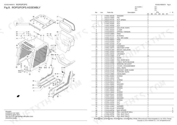 Yanmar S165R-1, 4TNV98C-NMS2 ROPS/FOPS assembly exploded view diagram and parts list with hardware and cab components.