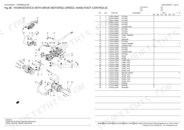 Yanmar S165R-1, 4TNV98C-NMS2 exploded view of hydrostatics with drive motors, including parts list for hydraulic hoses and fittings.