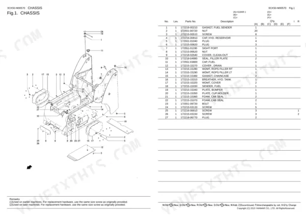 Yanmar S165R-1, 4TNV98C-NMS2 exploded view diagram and parts list for chassis, fuel sender, and hydraulic tank components.