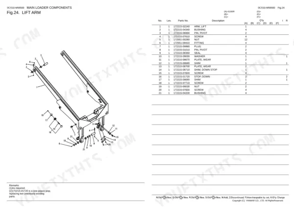 Yanmar S165R exploded view diagram and parts list for the lift arm assembly, including bushings, pins, and wear plates.