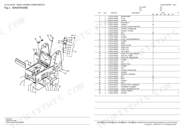 Yanmar S165R exploded view diagram and parts list for the main loader frame assembly and components.