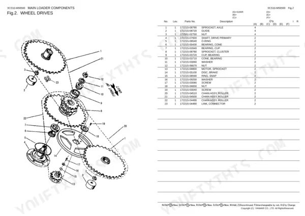 Yanmar S165R exploded view of wheel drive components including axle sprockets, bearings, and roller chain assemblies.